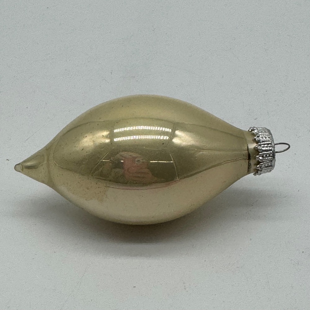 Vintage Cream Champagne Teardrop Glass Christmas Ornament Ornate Fancy Metal Cap